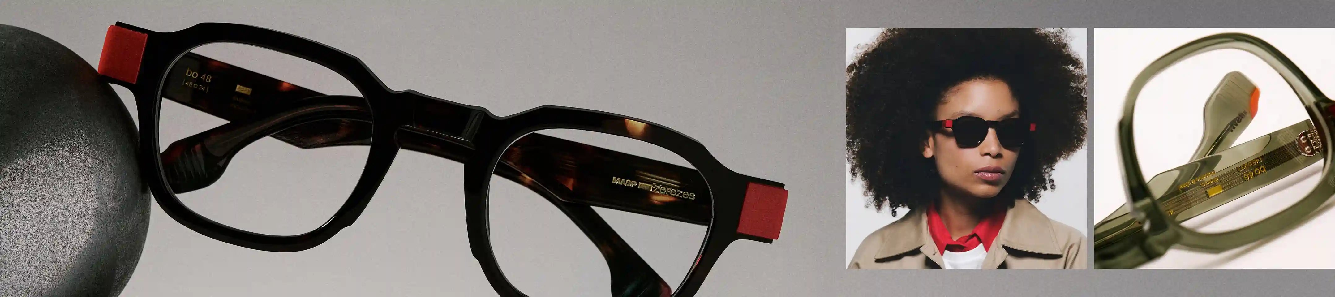 Pessoa usando óculos de grau com armação preta e detalhes vermelhos, destacando o design e o acabamento do modelo