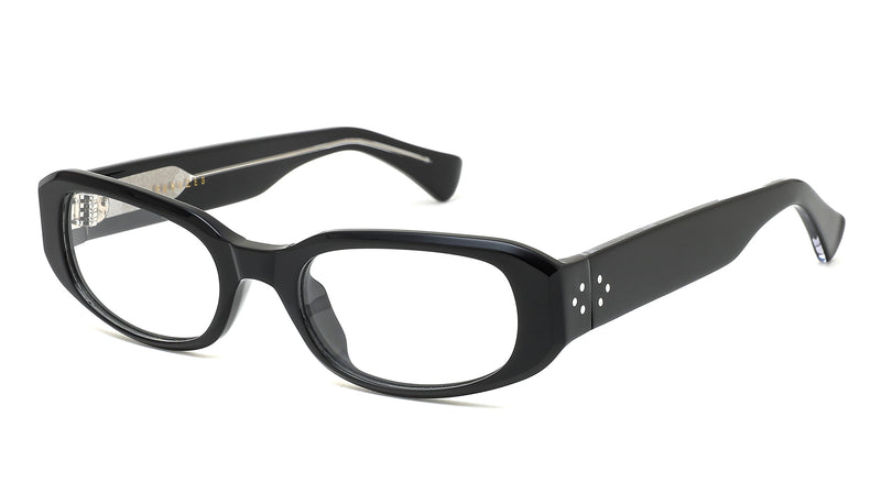 Óculos de grau com armação preta brilhante de acetato e lentes transparentes em fundo branco